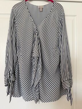 Chico's Navy & White Diagonal Stripe Tie-Front Top & Sleeve Ties